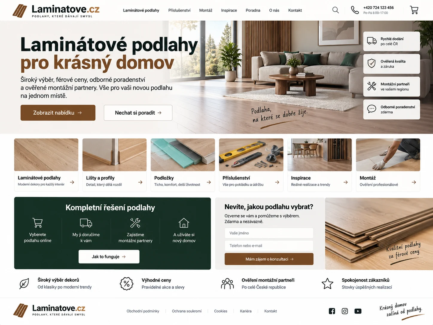 Ilustrační návrh webu Laminatove.cz v hnědé, zelené a krémové s laminátovou podlahou v moderním interiéru